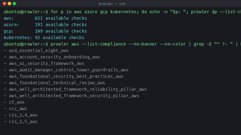 Prowler check counts across the AWS, Azure, Google Cloud and Kubernetes providers, and the compliance frameworks available for AWS