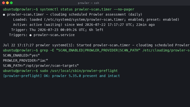 The scheduled assessment timer, its credential-free default configuration, and the fail-closed preflight verifying scanner integrity