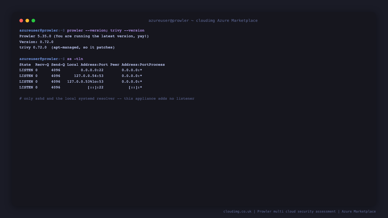 Prowler 5.35.0 and its apt managed trivy dependency confirmed on Ubuntu 24.04, alongside the listening port check showing only SSH
