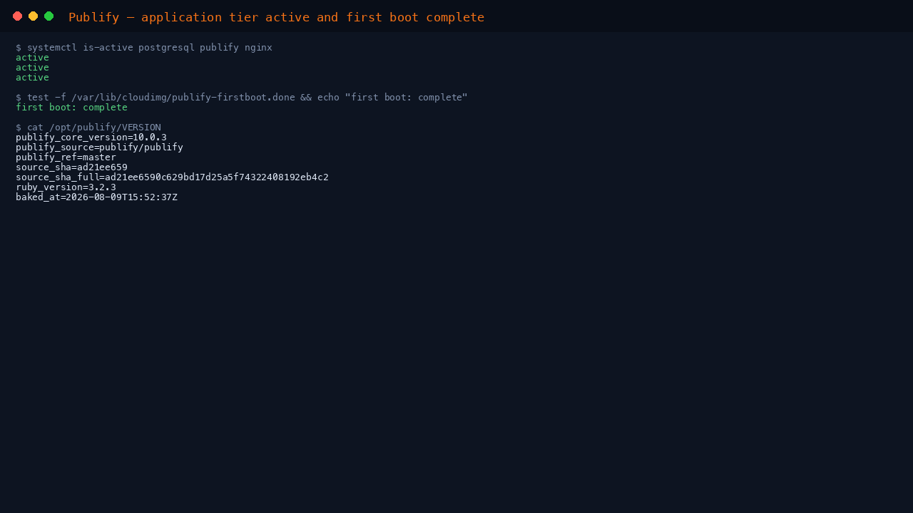 Terminal showing the postgresql, publify and nginx services active, the Publify version and first boot complete