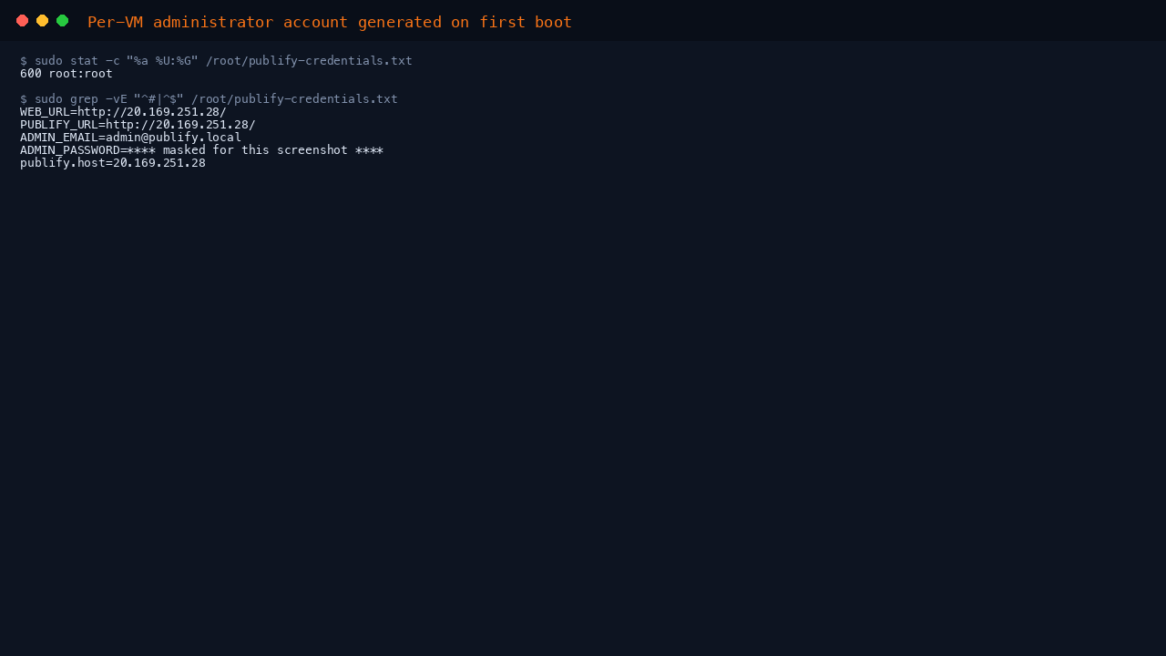 Terminal showing the per VM Publify credentials file with mode 600 root:root and the administrator password redacted