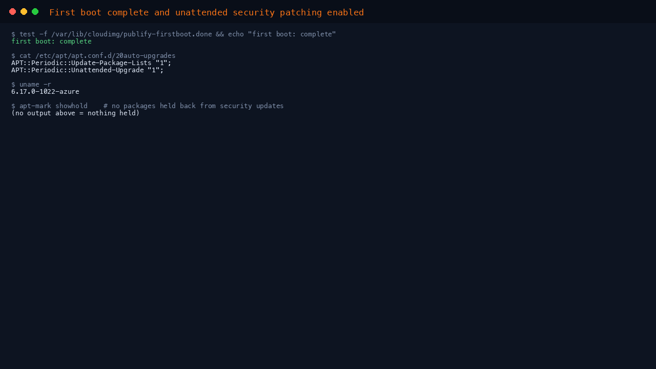 Terminal showing the first boot sentinel present, the auto upgrade configuration enabled, the running kernel and no held back packages