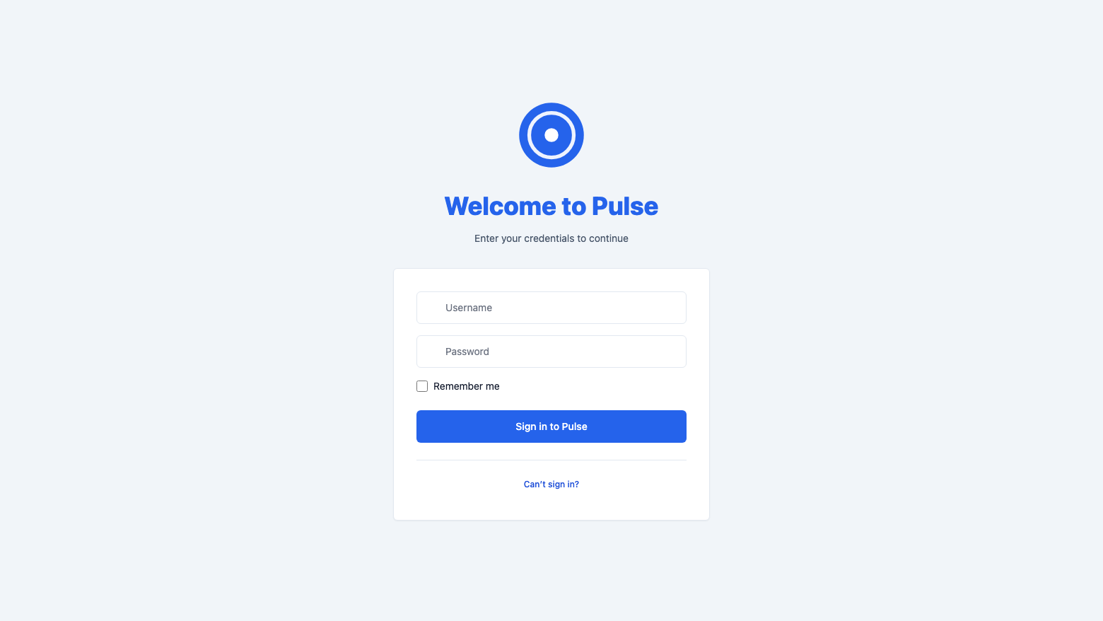 The Pulse sign-in page asking for a username and password
