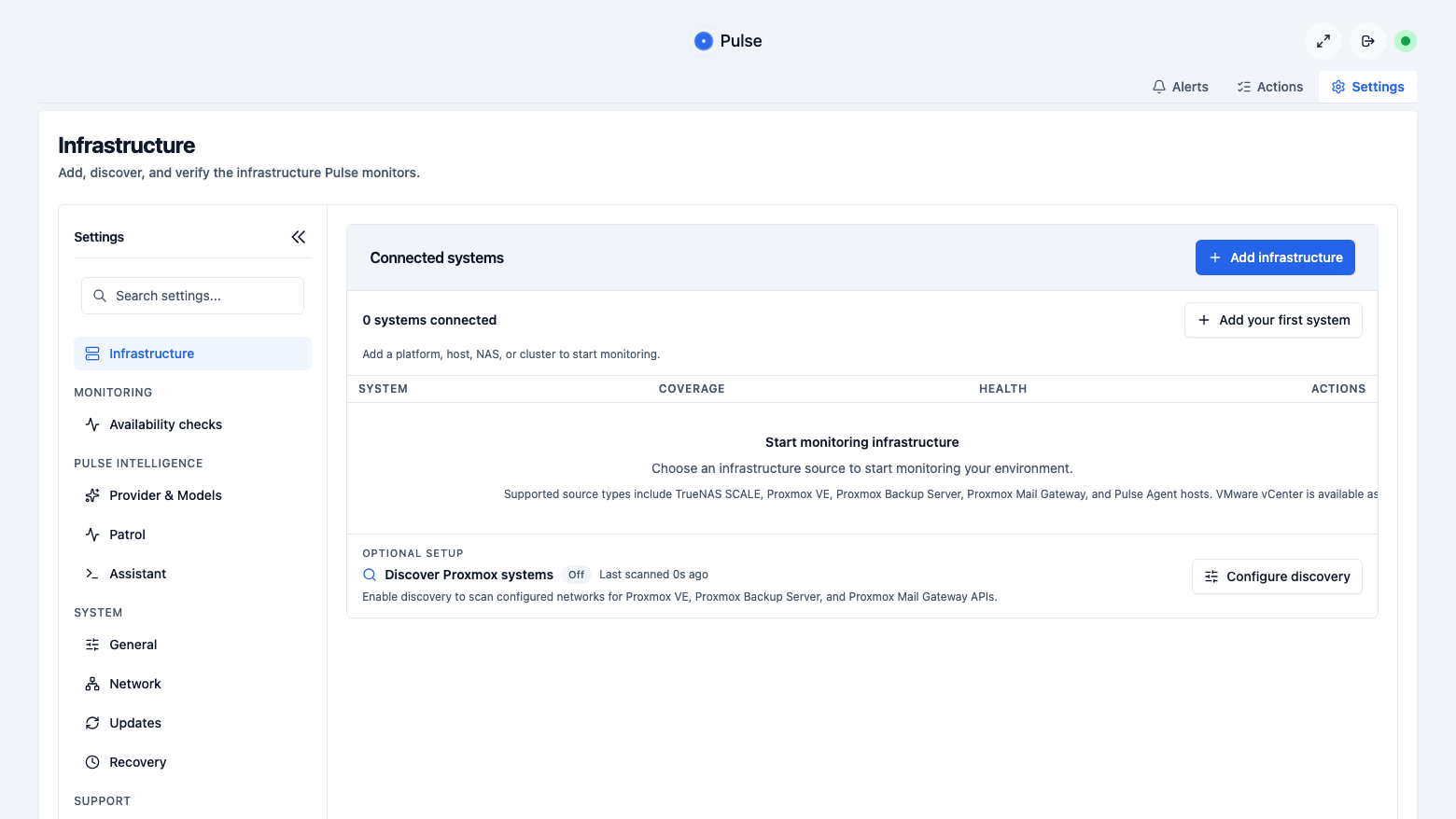 Pulse Settings, Infrastructure page with no systems connected yet and the Add infrastructure button