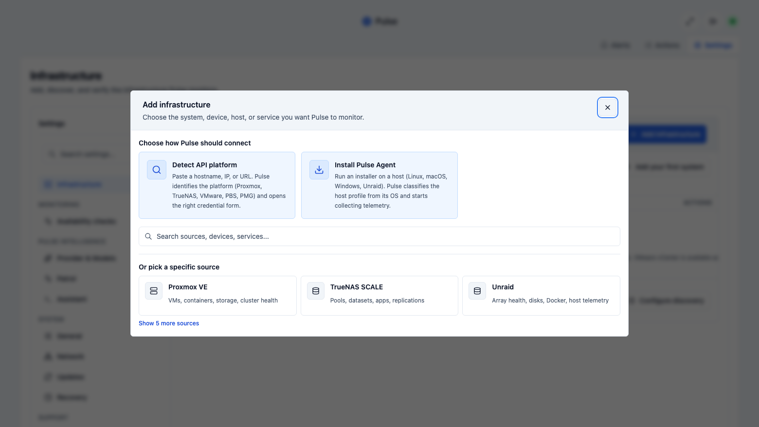 The Pulse Add infrastructure dialog offering Detect API platform, Install Pulse Agent and the Proxmox VE, TrueNAS SCALE and Unraid sources