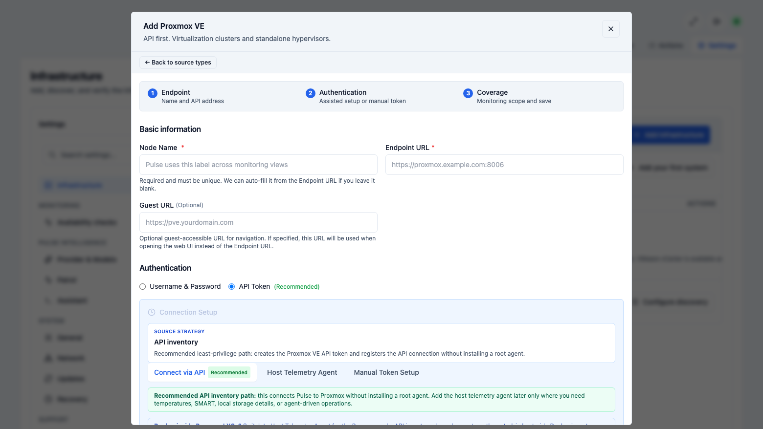 The Pulse Add Proxmox VE form with the node name, endpoint URL, API token authentication and the Connect via API, Host Telemetry Agent and Manual Token Setup options