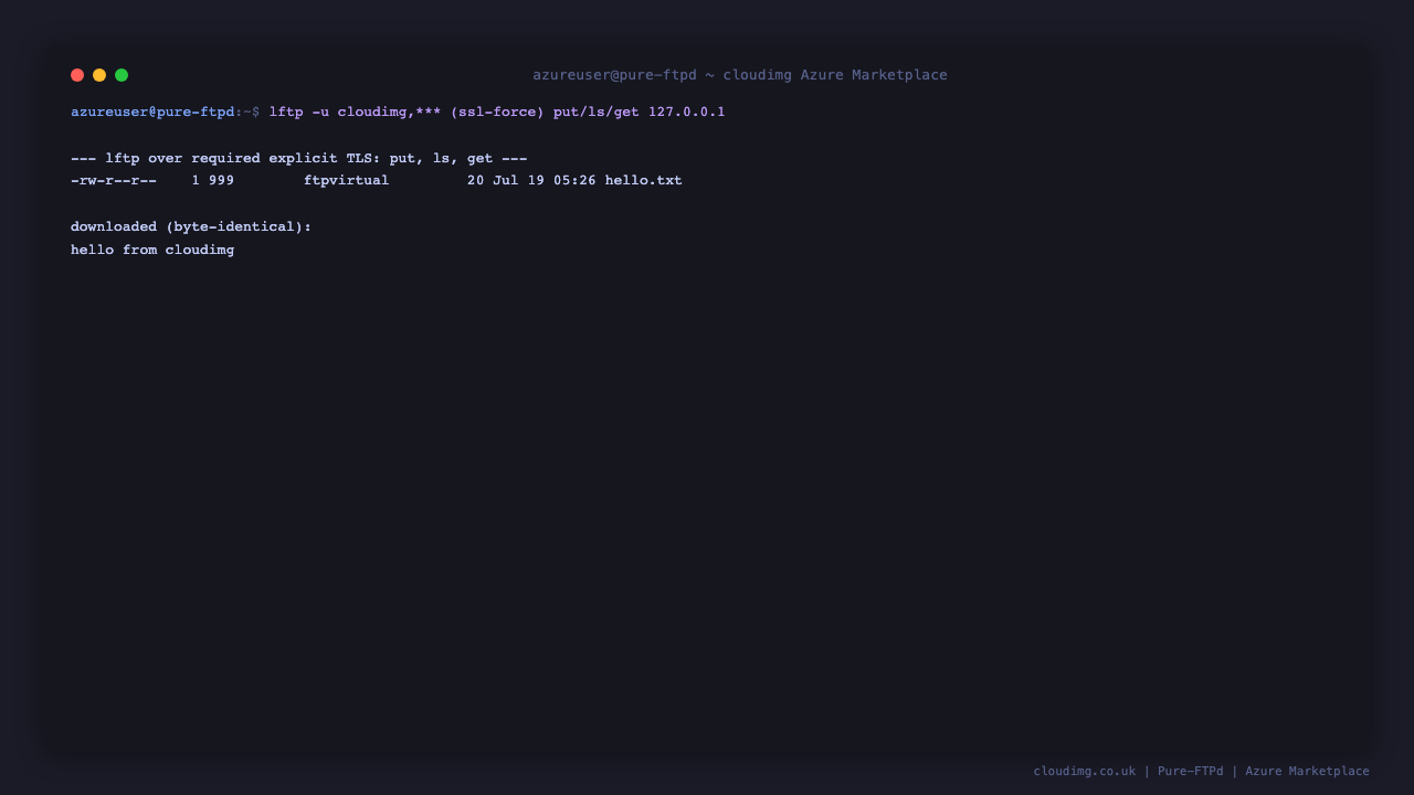 An explicit-FTPS round-trip with lftp on the VM: connect over required TLS, upload a file, list it, and download it byte-identical
