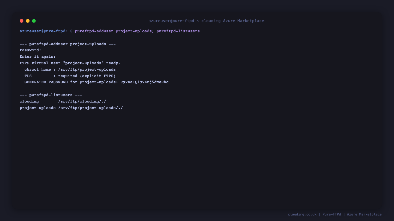 Creating a chroot-jailed FTP user with pureftpd-adduser and listing all virtual users with pureftpd-listusers