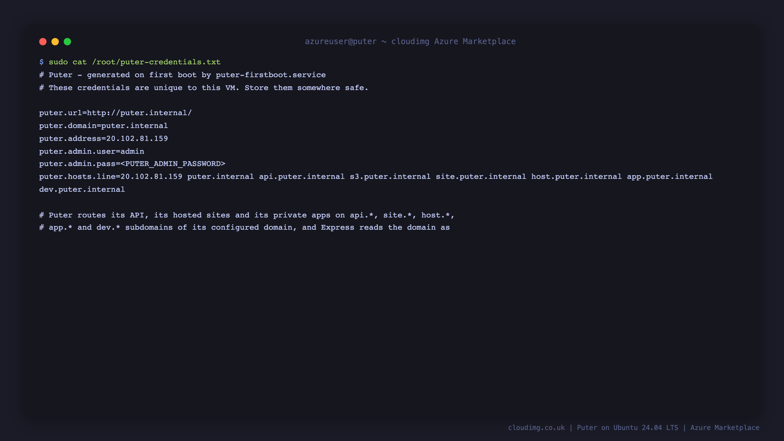 The per VM Puter credentials file showing the site URL, the serving domain, the VM address, the administrator username and generated password, and the ready made hosts file line, with root only 0600 permissions
