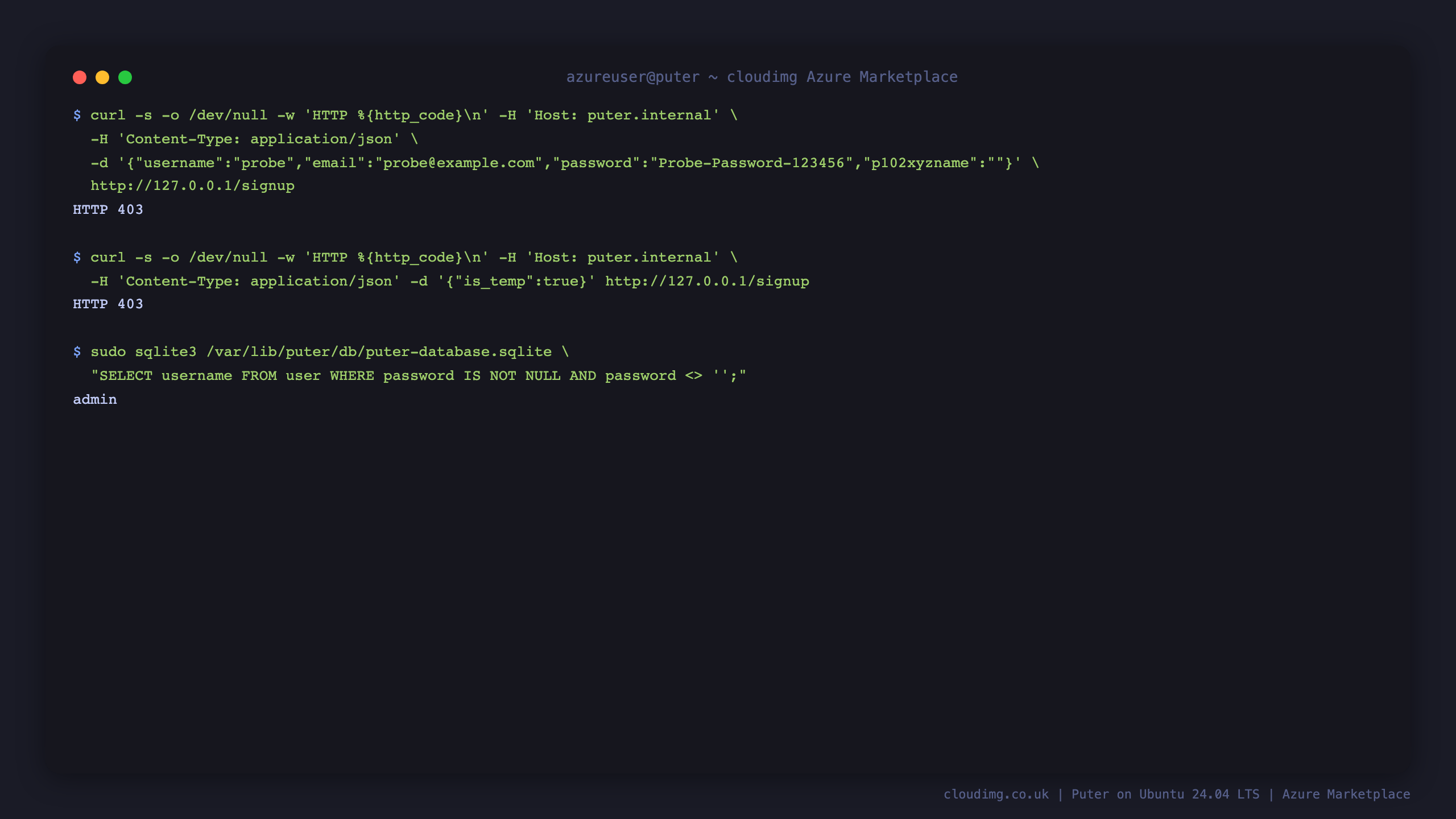Terminal output showing both permanent and temporary registration refused with HTTP 403 and a single login capable account named admin