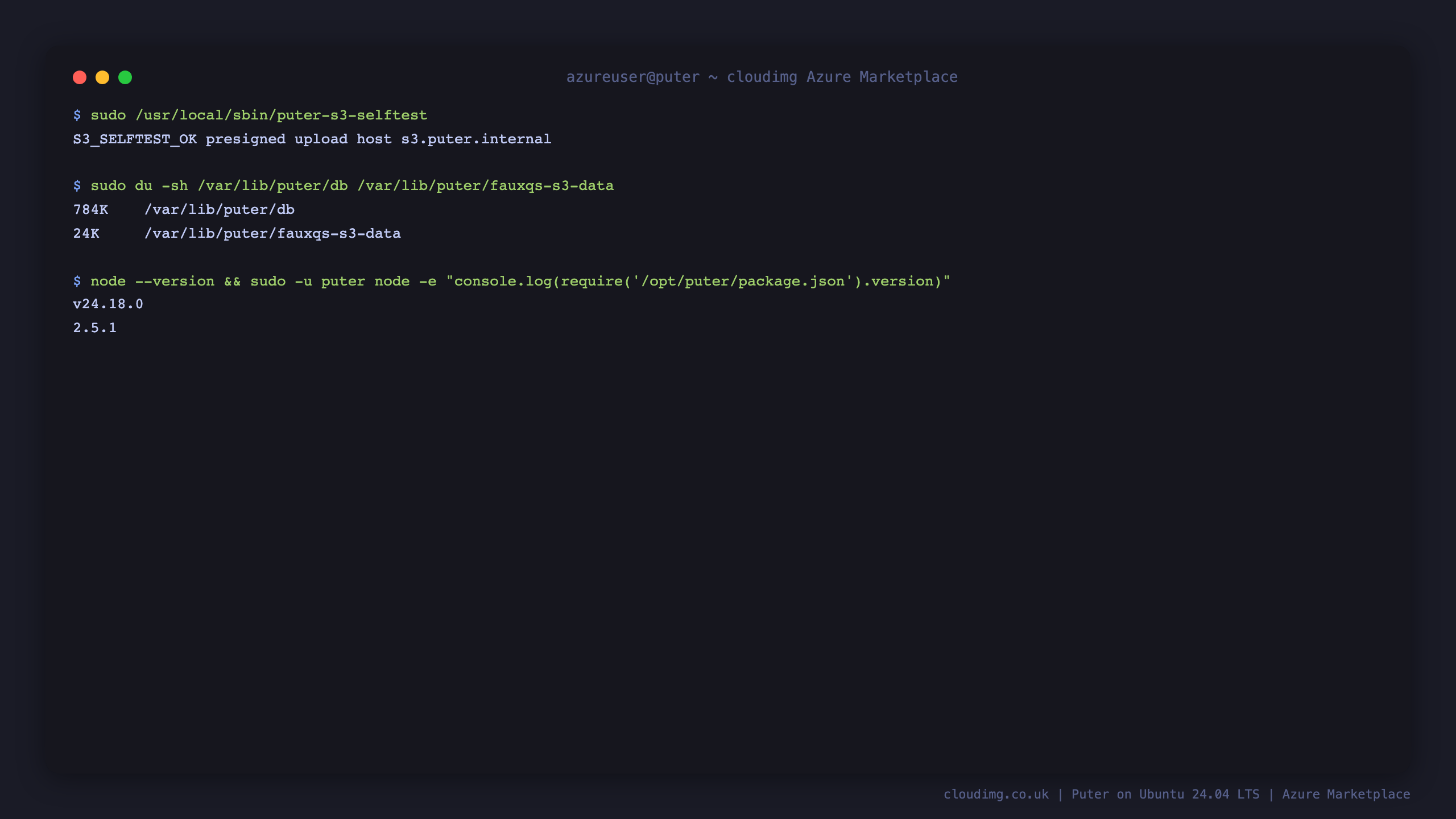 Terminal output showing the presigned upload self test passing against the browser facing storage endpoint, the on disk size of the database and object store, and the installed Node.js and Puter versions