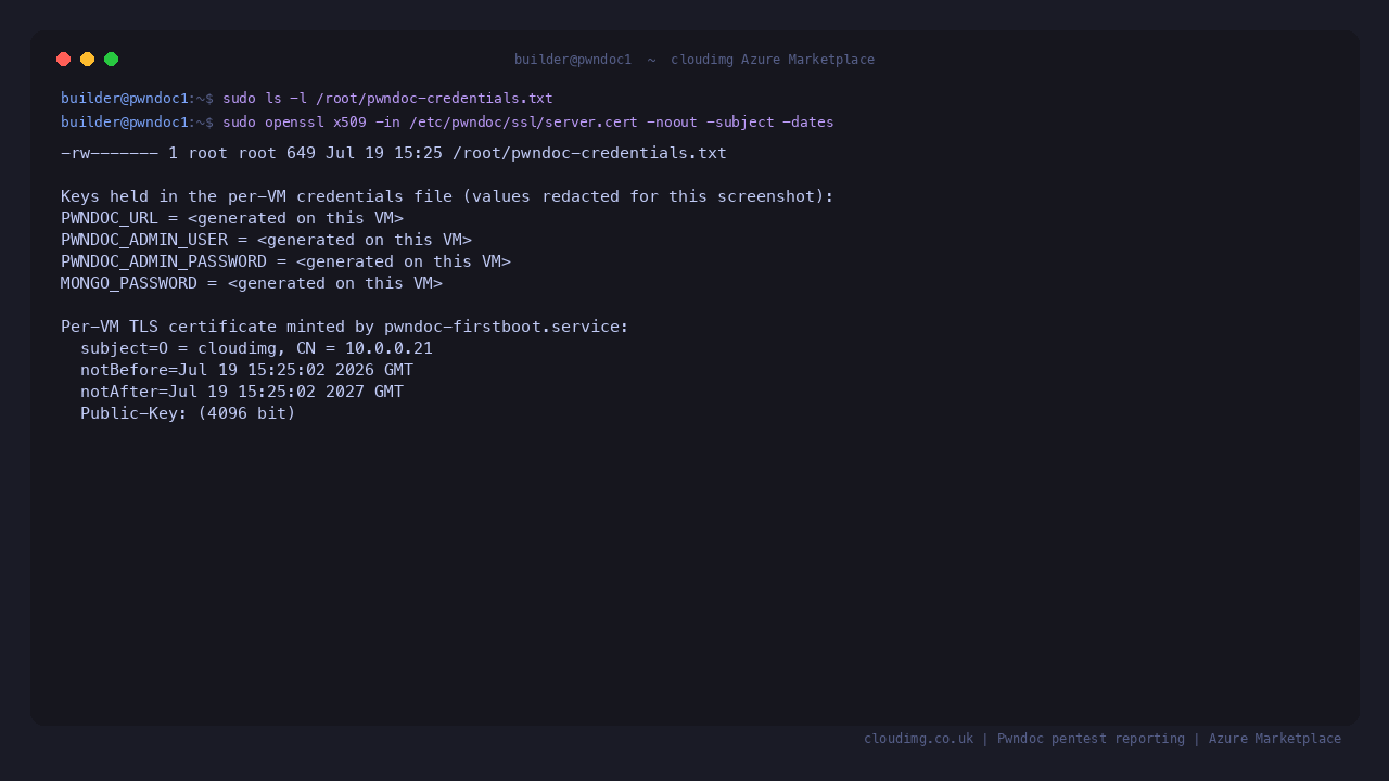 The per-VM credentials file is 0600 root-only and holds the admin and MongoDB credentials, alongside the 4096-bit TLS certificate generated by pwndoc-firstboot.service on this VM
