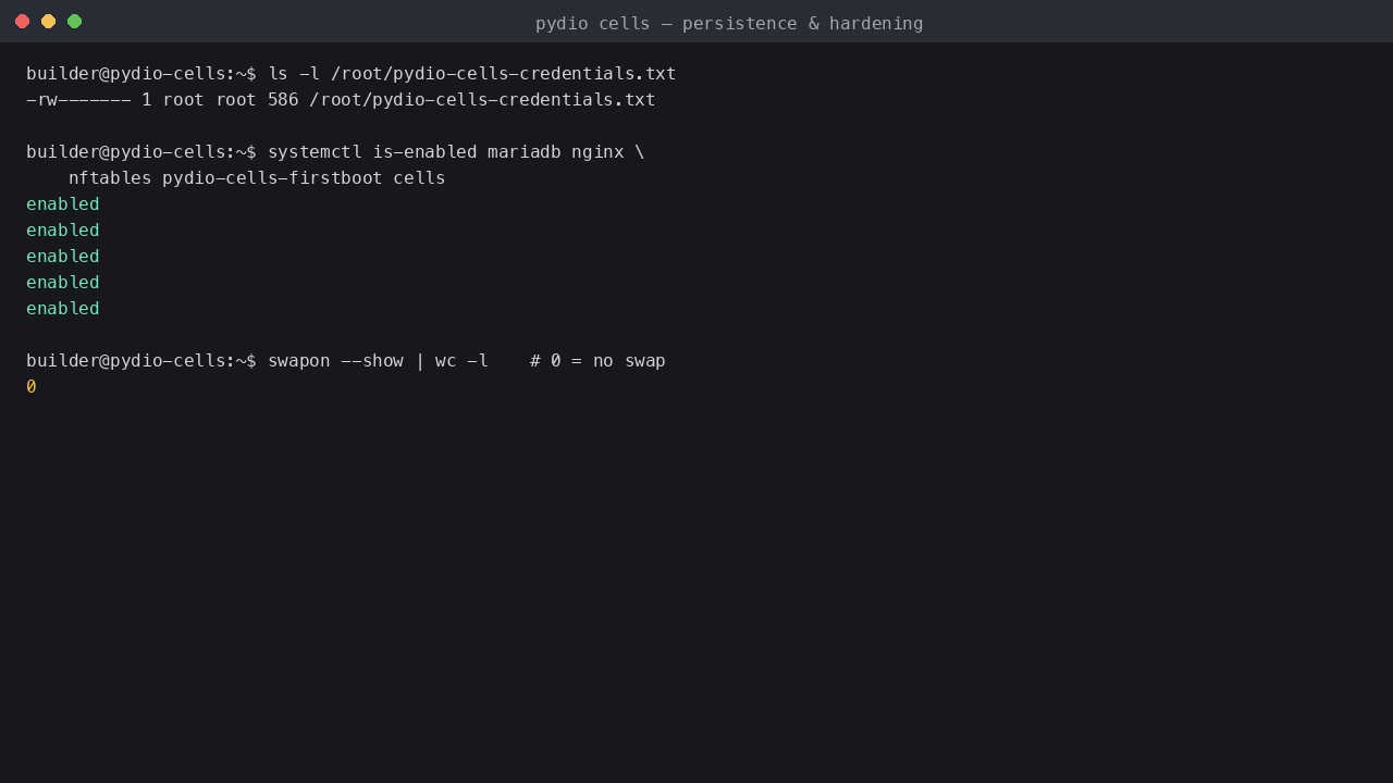 The credentials file at mode 600 owned by root, the mariadb, nginx, nftables, first boot and cells units all enabled, and zero swap devices