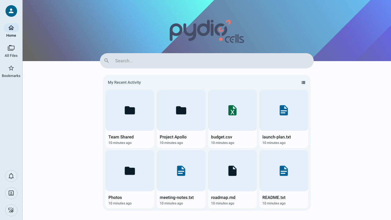 The Pydio Cells home showing recent activity with folders and documents stored in the workspace