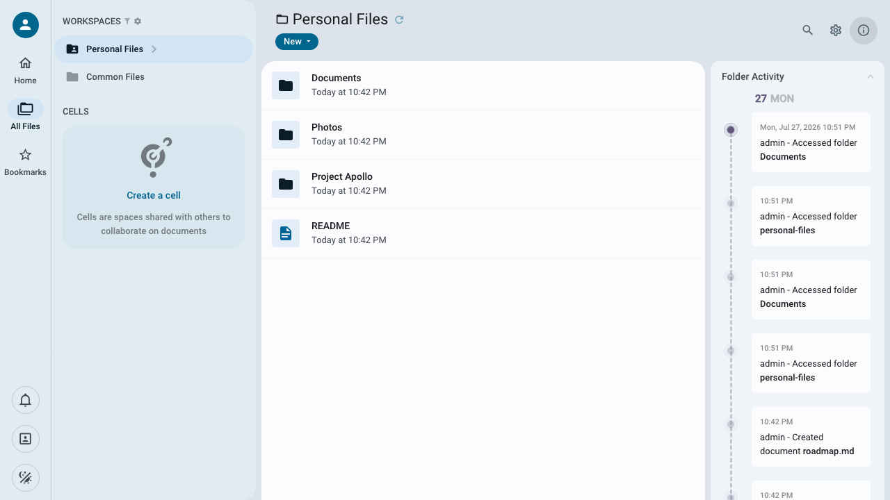 The Pydio Cells file browser showing the Personal Files workspace with folders and files, and the folder activity feed on the right