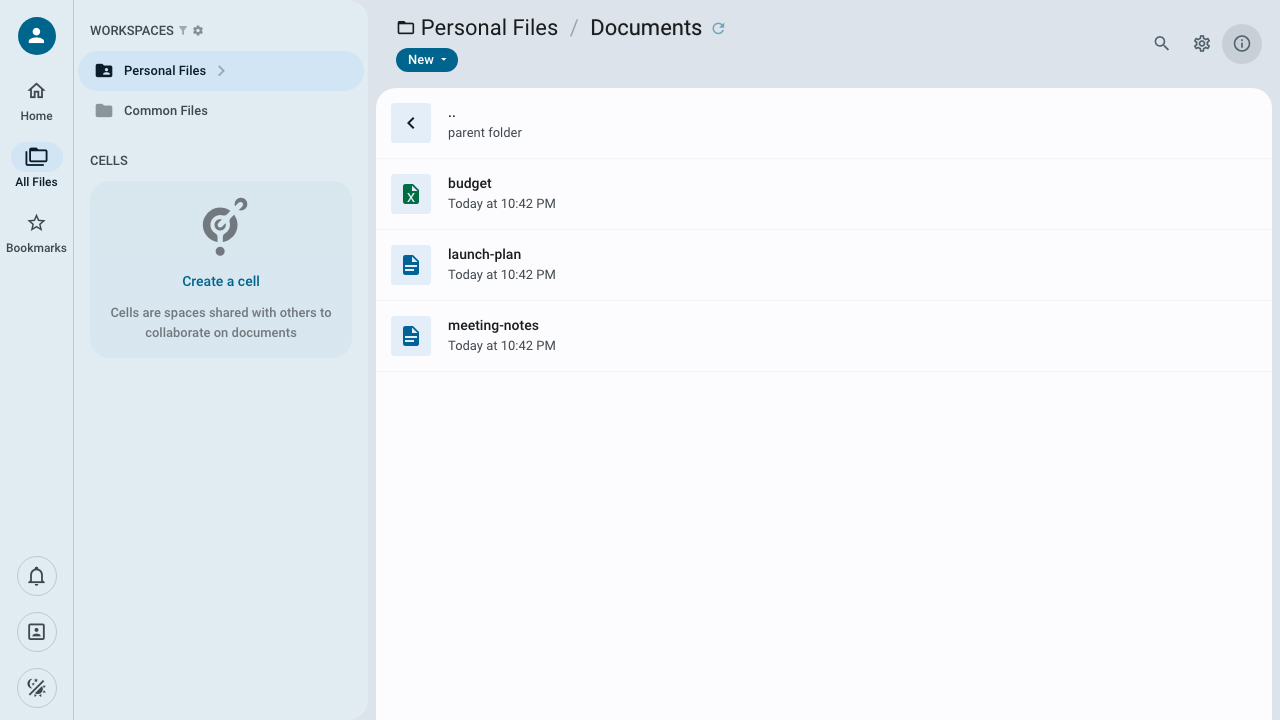 The Pydio Cells file browser inside a folder, showing the documents stored in it with their types and modification times