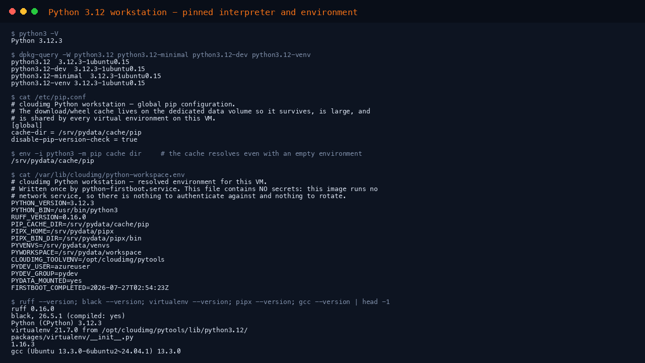 Terminal showing python3 reporting Python 3.12.3, all four Ubuntu python3.12 packages at version 3.12.3-1ubuntu0.15, the global pip configuration pointing the cache at the dedicated /srv/pydata volume, the same cache path resolving with an empty environment, the first boot environment manifest, and the installed versions of ruff, black, virtualenv, pipx and gcc