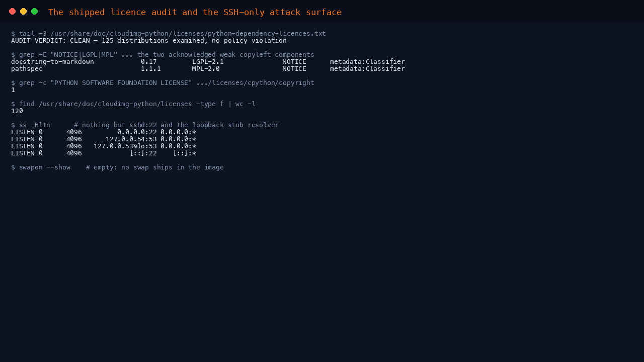 Terminal showing the shipped dependency licence table reporting a clean verdict over 125 distributions, the two acknowledged weak copyleft components with their LGPL-2.1 and MPL-2.0 licences, the PSF License Agreement text confirmed present in the CPython copyright artifact, 120 licence files shipped in the image, ss confirming the only listening sockets are SSH on port 22 and the loopback DNS stub resolver, and swapon reporting no swap