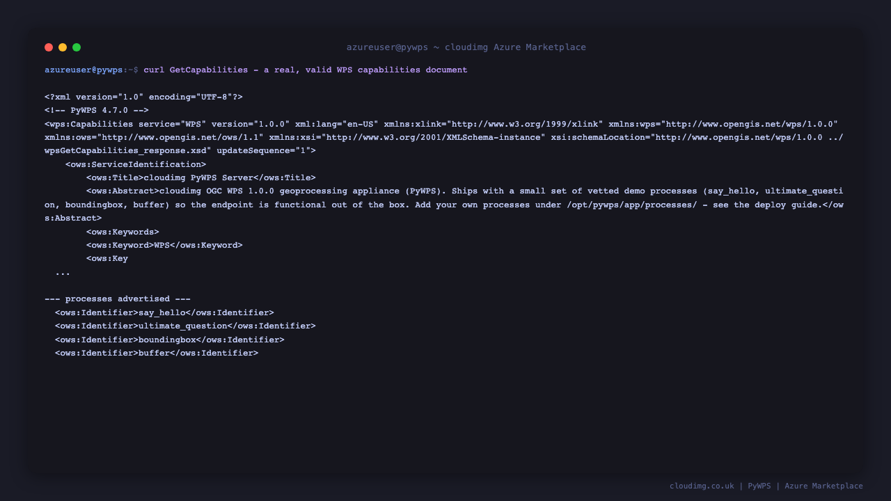 The GetCapabilities response: a valid wps:Capabilities XML document listing all 4 bundled processes - say_hello, ultimate_question, boundingbox and buffer