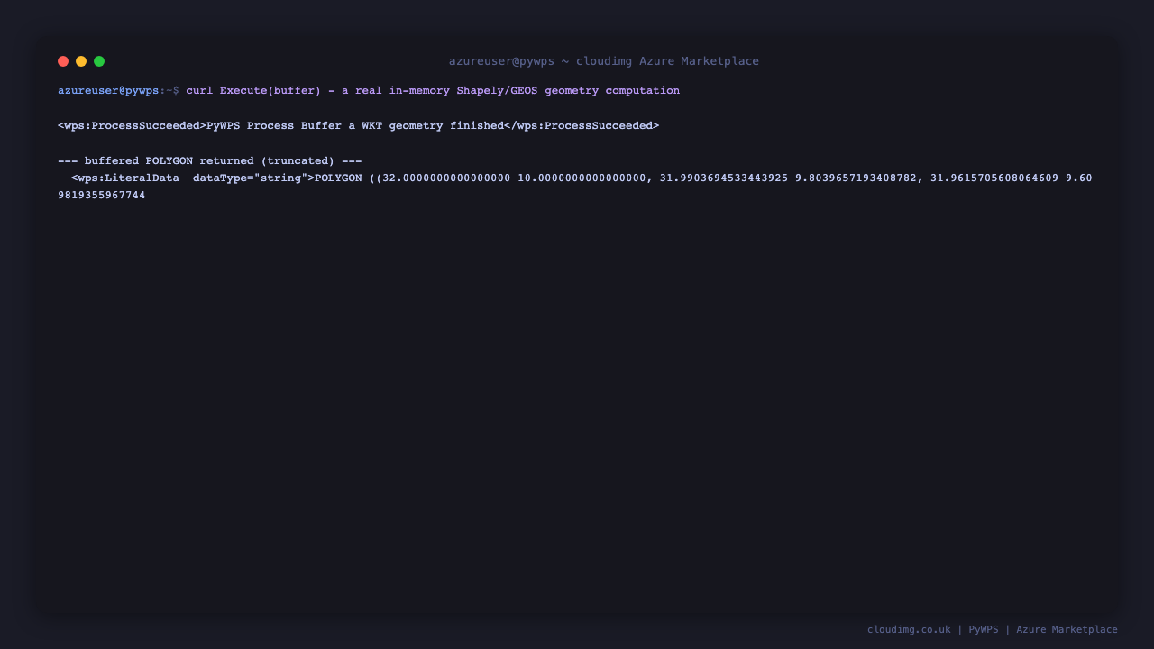 A real Execute(buffer) call: an input WKT POINT with a buffer distance produces a genuine buffered POLYGON, computed in memory with Shapely/GEOS