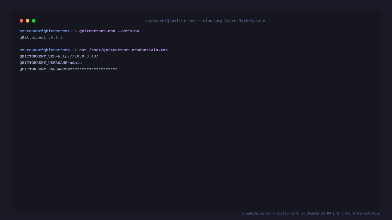 The qBittorrent version and the per VM credentials file with the generated admin username, password and URL