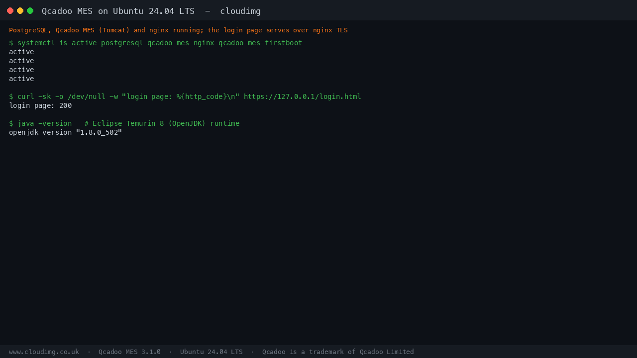 Qcadoo MES services active on Ubuntu 24.04