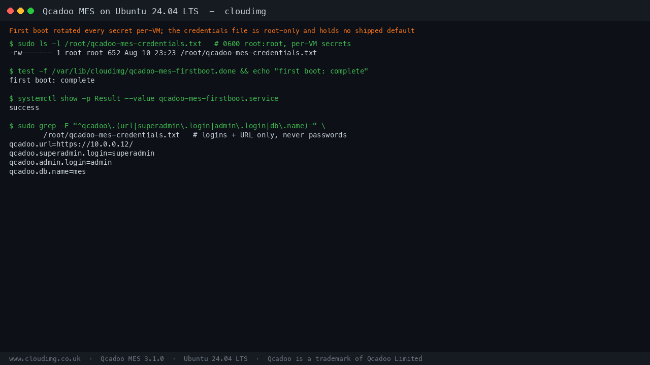 Qcadoo MES first boot credentials, both default logins rotated