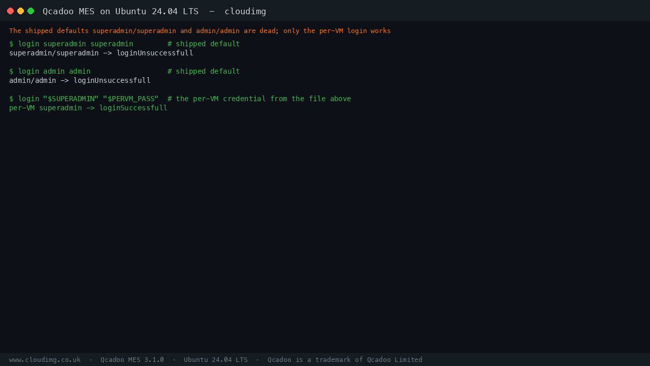 Qcadoo MES login round trip: default login rejected, per-VM login accepted