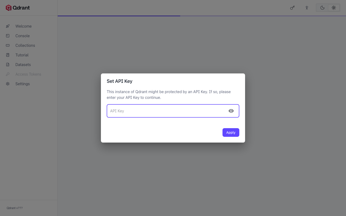 The Qdrant dashboard asking for an API key before it shows any data, with Cancel and Apply buttons