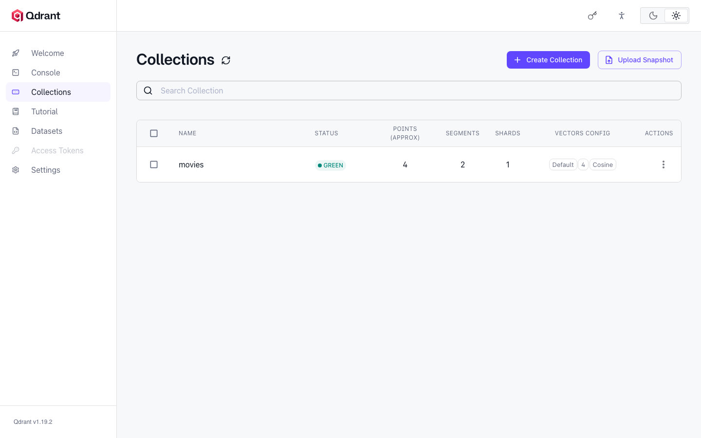 The Qdrant dashboard Collections page listing the movies collection with GREEN status, 4 points, 2 segments, 1 shard and 4 dimensional Cosine vectors