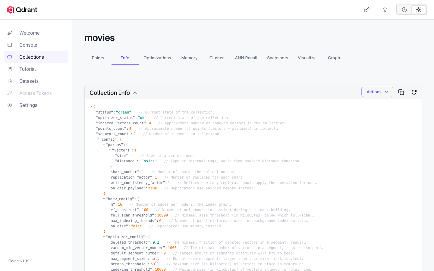 The movies collection's Info tab showing green status, 4 points, Cosine distance on 4 dimensional vectors and the HNSW index settings