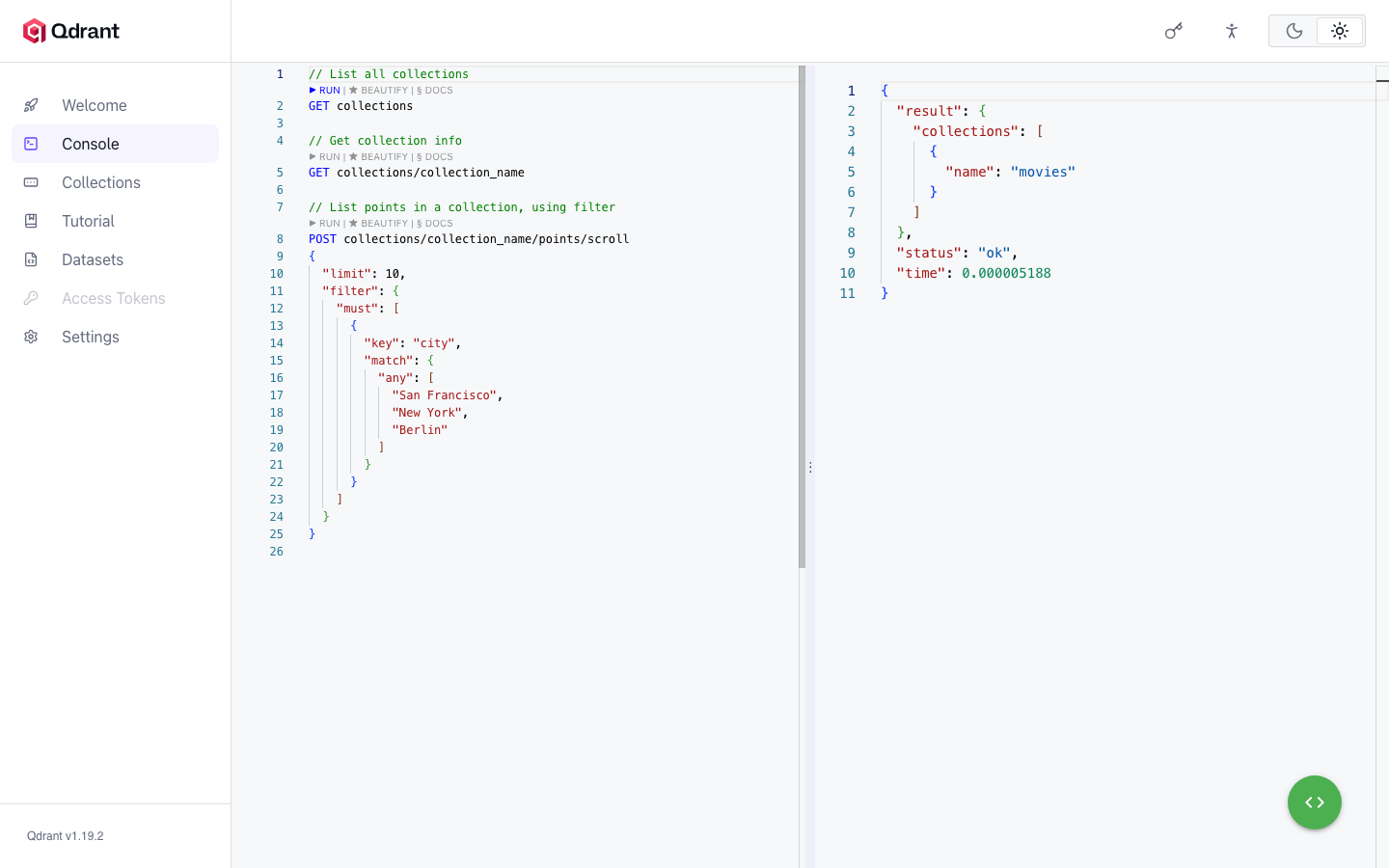 The Qdrant dashboard Console with a GET collections request run and its JSON response listing the movies collection