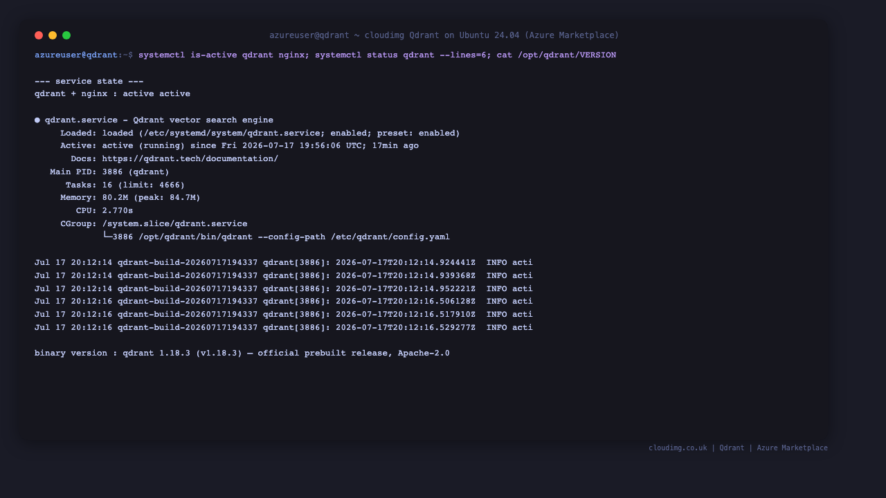 Terminal showing the qdrant and nginx services active, the qdrant service status with its config path, and the installed Qdrant 1.18.3 version