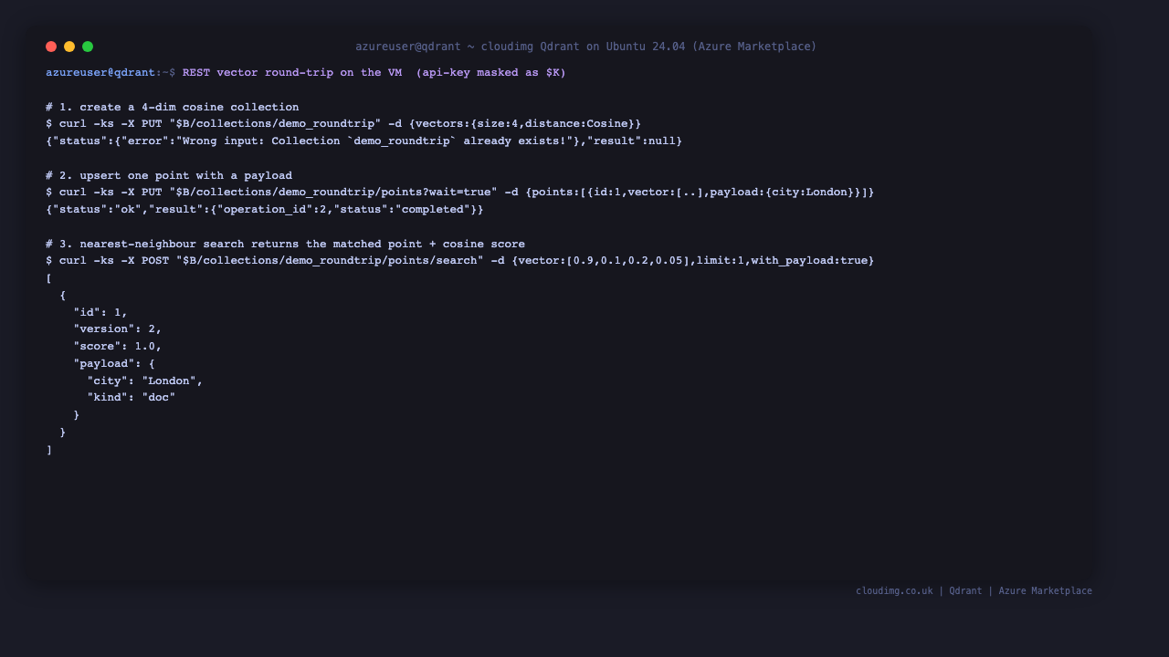 Terminal showing a REST vector round trip: create a collection, upsert a point, and a points search returning the matched point with a cosine score of 1.0 and its payload