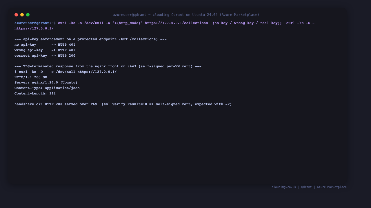 Terminal showing the API key enforced over TLS: no key returns HTTP 401, a wrong key returns 401, the correct key returns 200, and the nginx TLS response headers