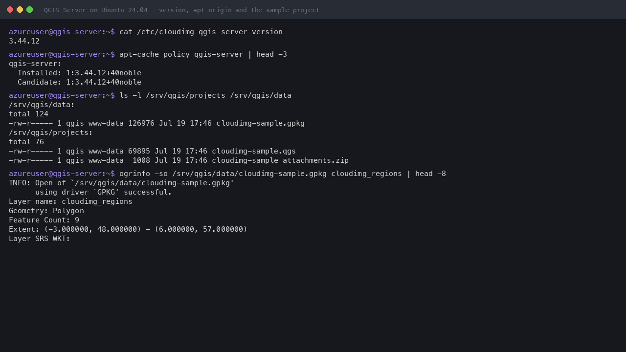The recorded QGIS Server version, apt-cache policy confirming the package came from the official qgis.org/ubuntu-ltr repository, the sample project and GeoPackage on the data disk, and ogrinfo reporting the cloudimg_regions layer