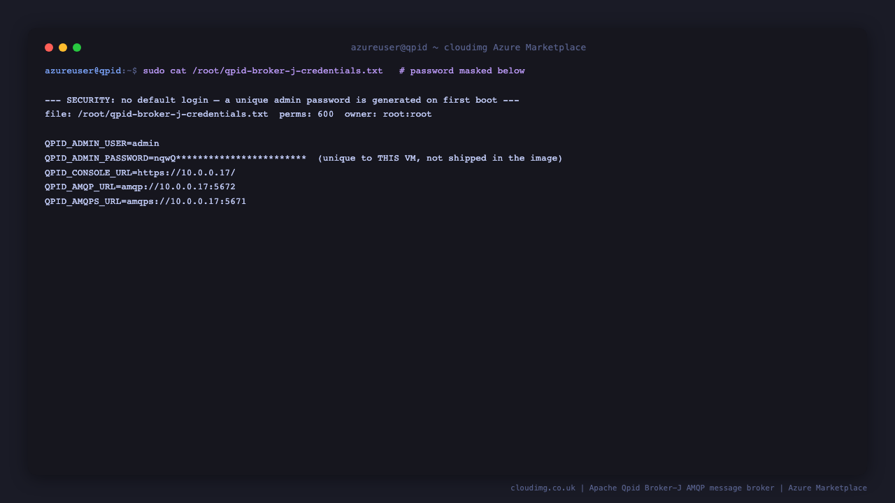 Per-VM admin credentials file, password masked