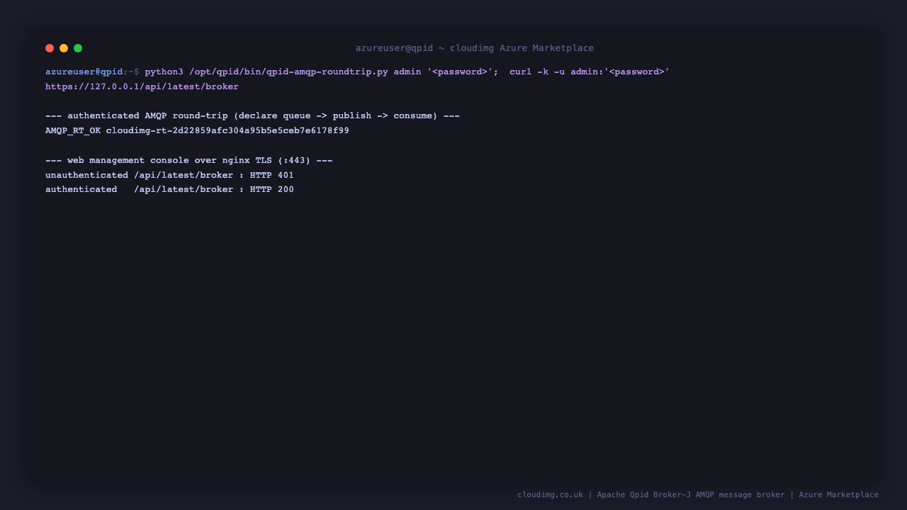 Authenticated AMQP round-trip and console health check