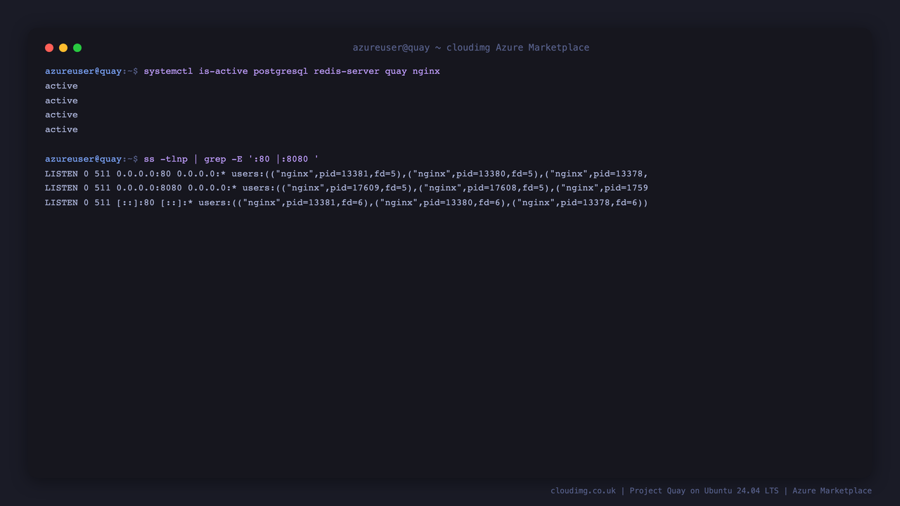 The four Quay services reporting active and the listening ports, nginx on 80 and Quay's internal nginx on 8080
