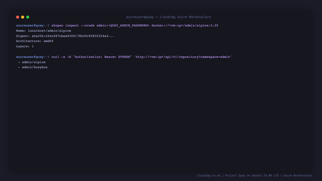 skopeo inspecting the pushed image and the repository API listing the namespace