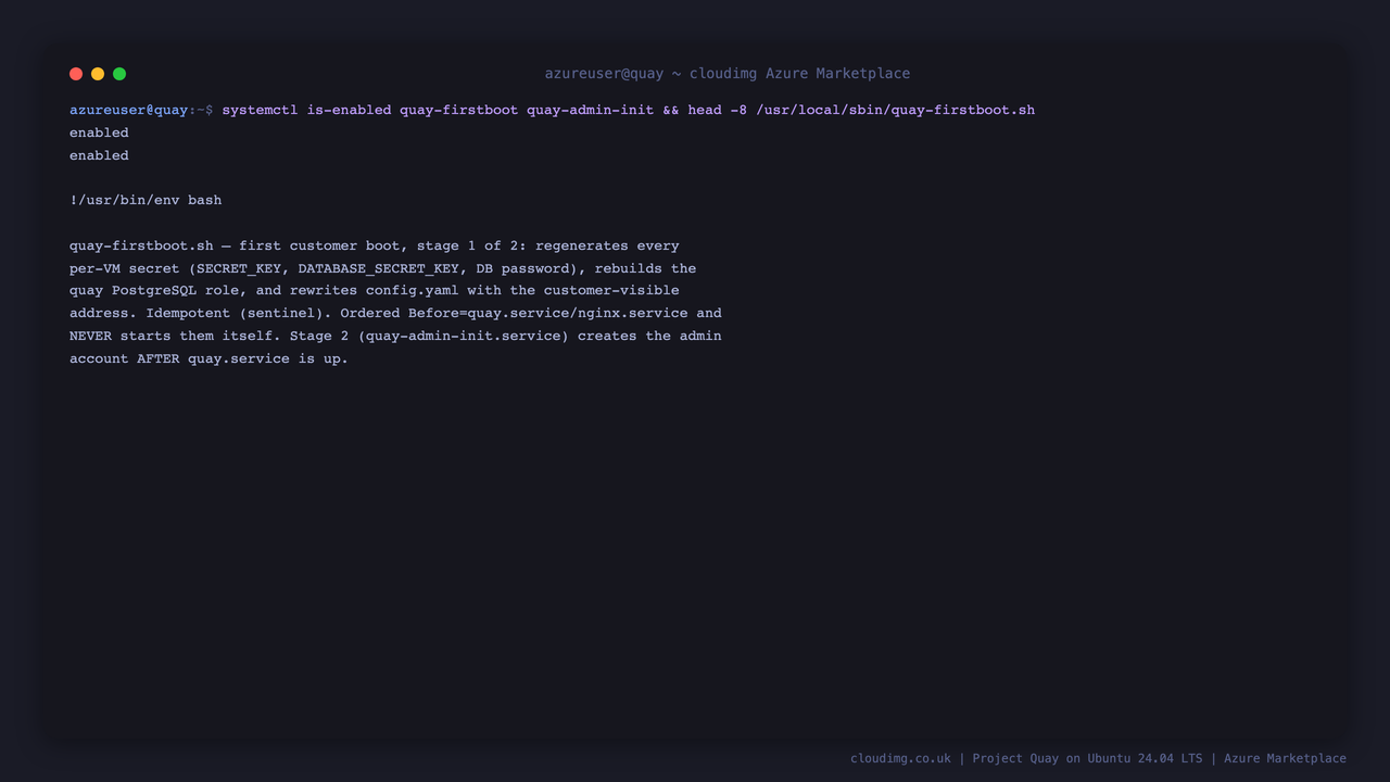 The two first boot services enabled and the script header describing the per VM secret rotation