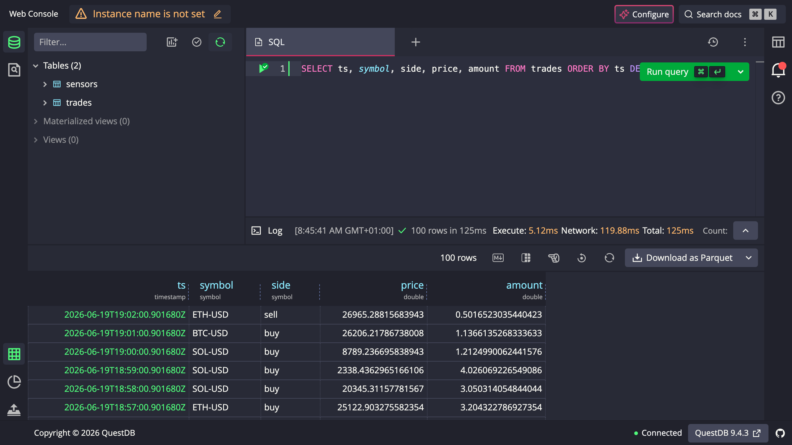 The QuestDB web Console running a SQL query with the results grid populated