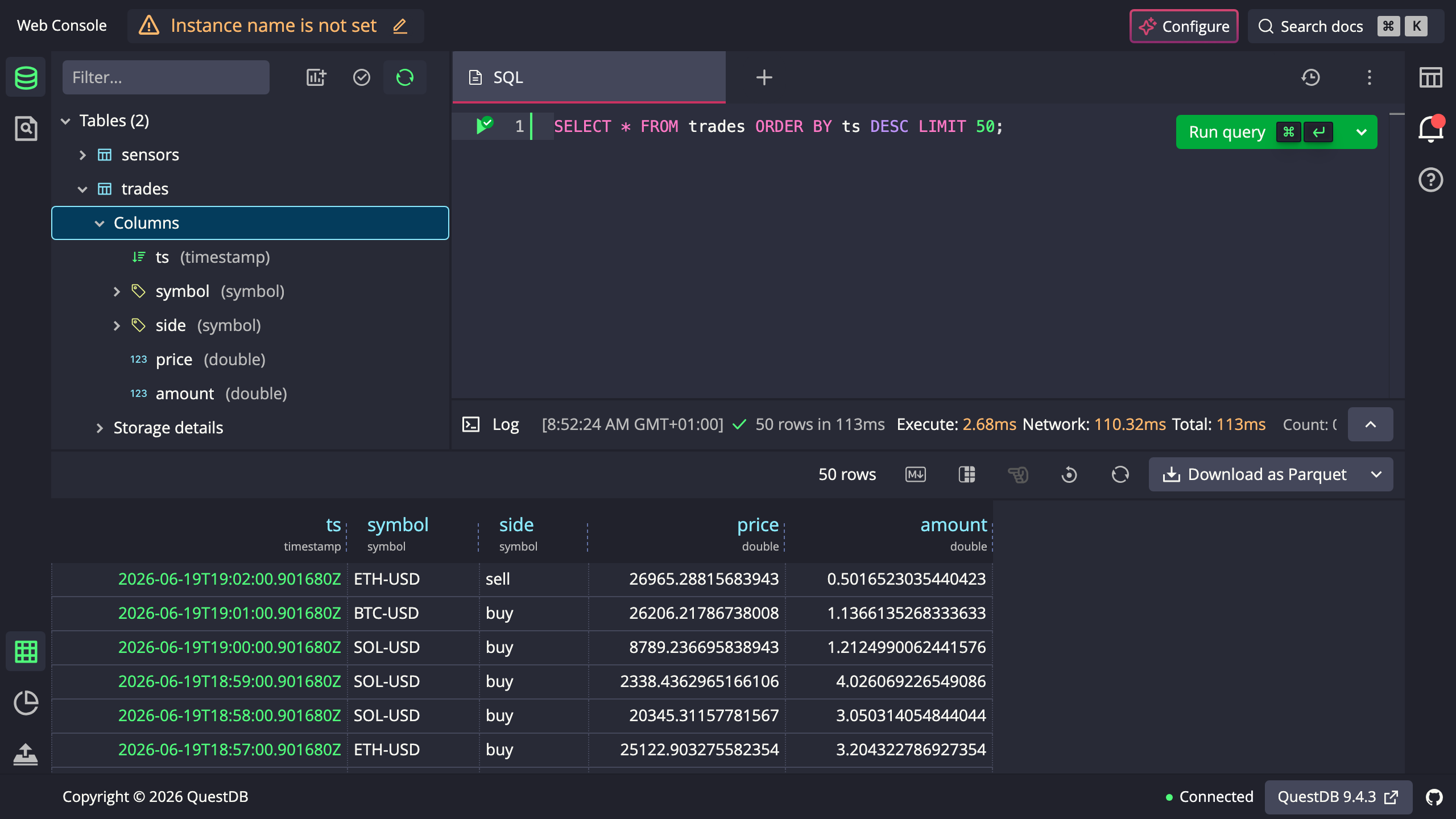 The QuestDB web Console schema explorer listing a table and its columns