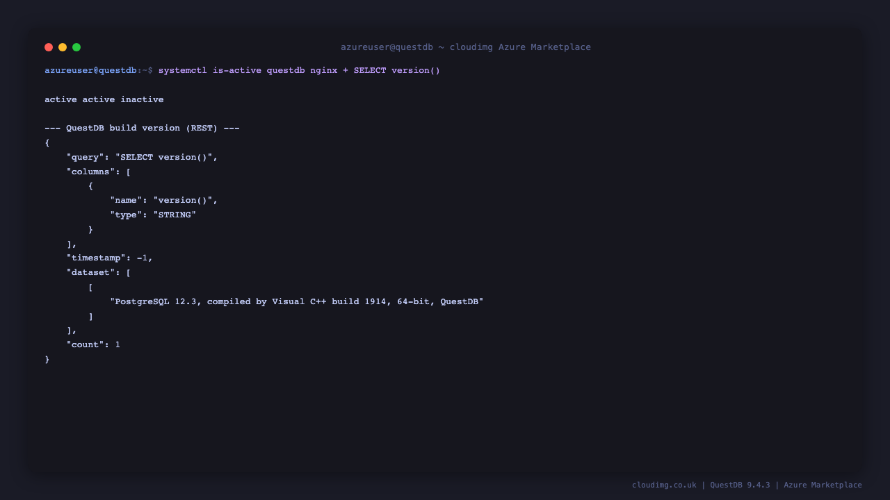 QuestDB service status and version
