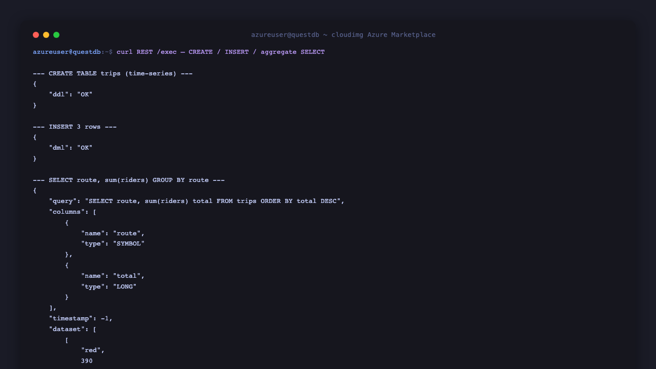 QuestDB REST round-trip: CREATE, INSERT and an aggregate SELECT