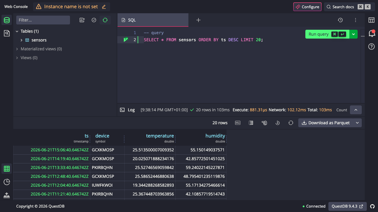 The QuestDB web console SQL editor
