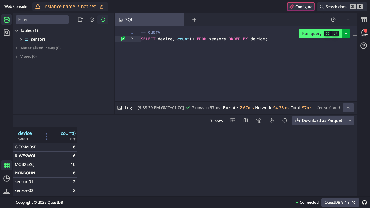 The QuestDB web console result grid