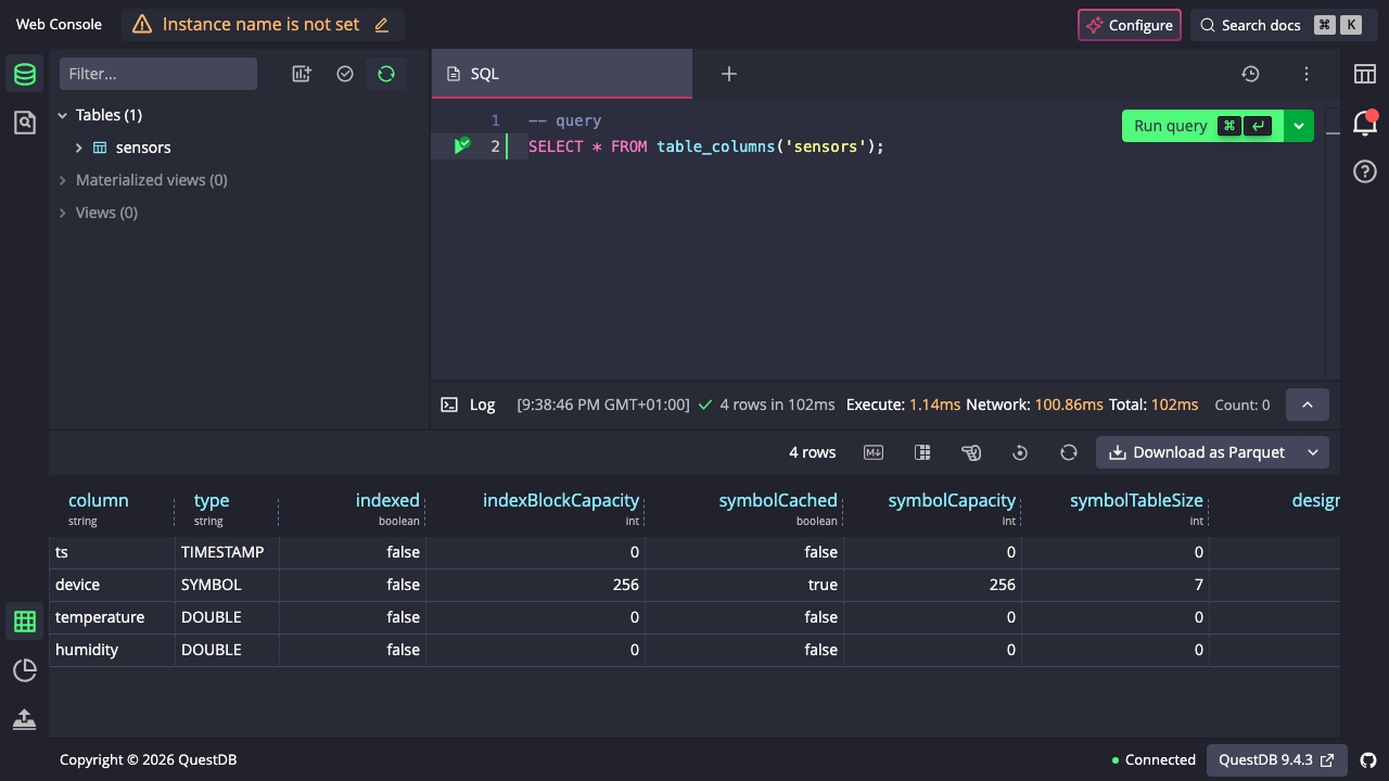 The QuestDB web console schema explorer