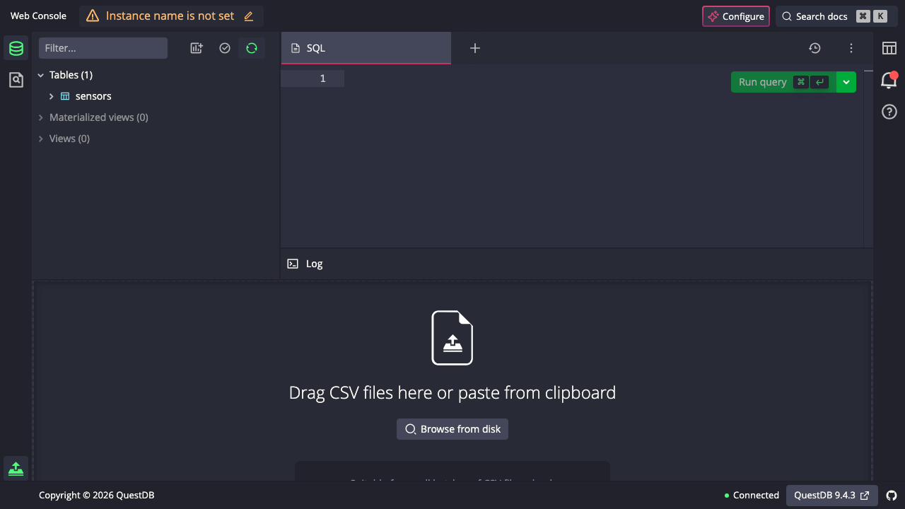 The QuestDB web console CSV import panel