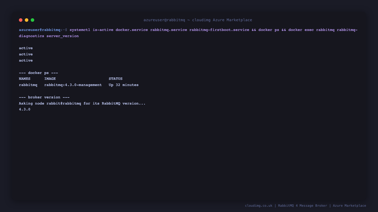 Docker, RabbitMQ services active and rabbitmq:4.3.0-management container running